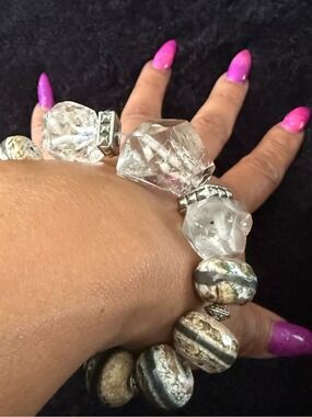 Vintage Herkimer Quartz Crystal & Crackle Agate Stretch Bracelet 8”
